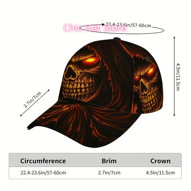 1pc of Halloween-Themed Cap Featuring a Fiery Skull Design, a Classic Baseball Style. This Lightweight, Adjustable Duckbill Hat