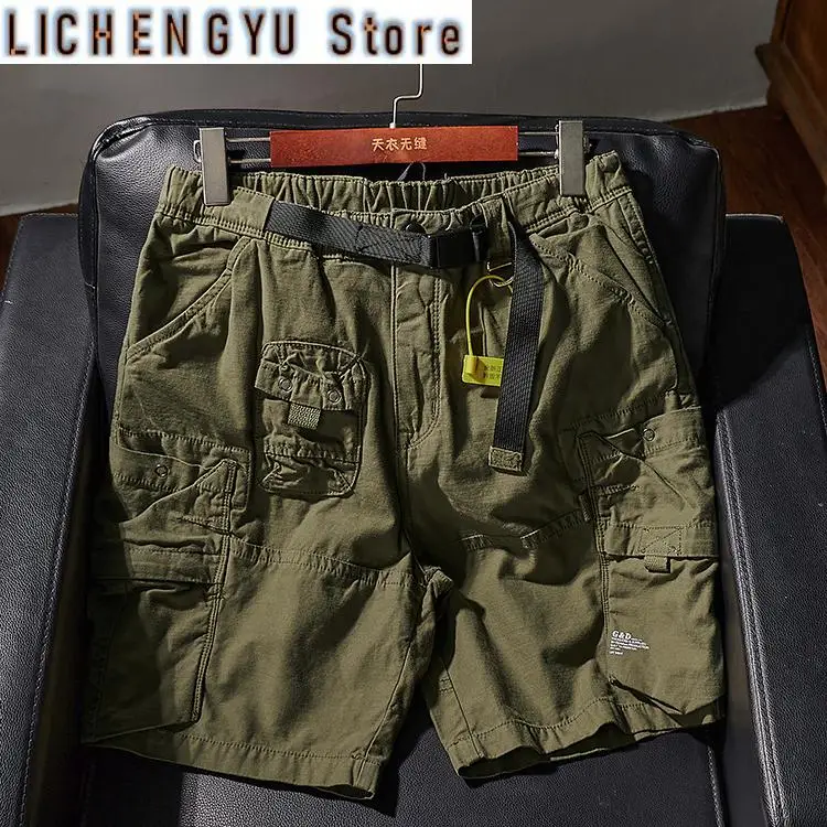 Summer New American Retro Outdoor Cargo Shorts Men's Pure Cotton Washed Casual Multi-pocket 5-point Trousers with Belt