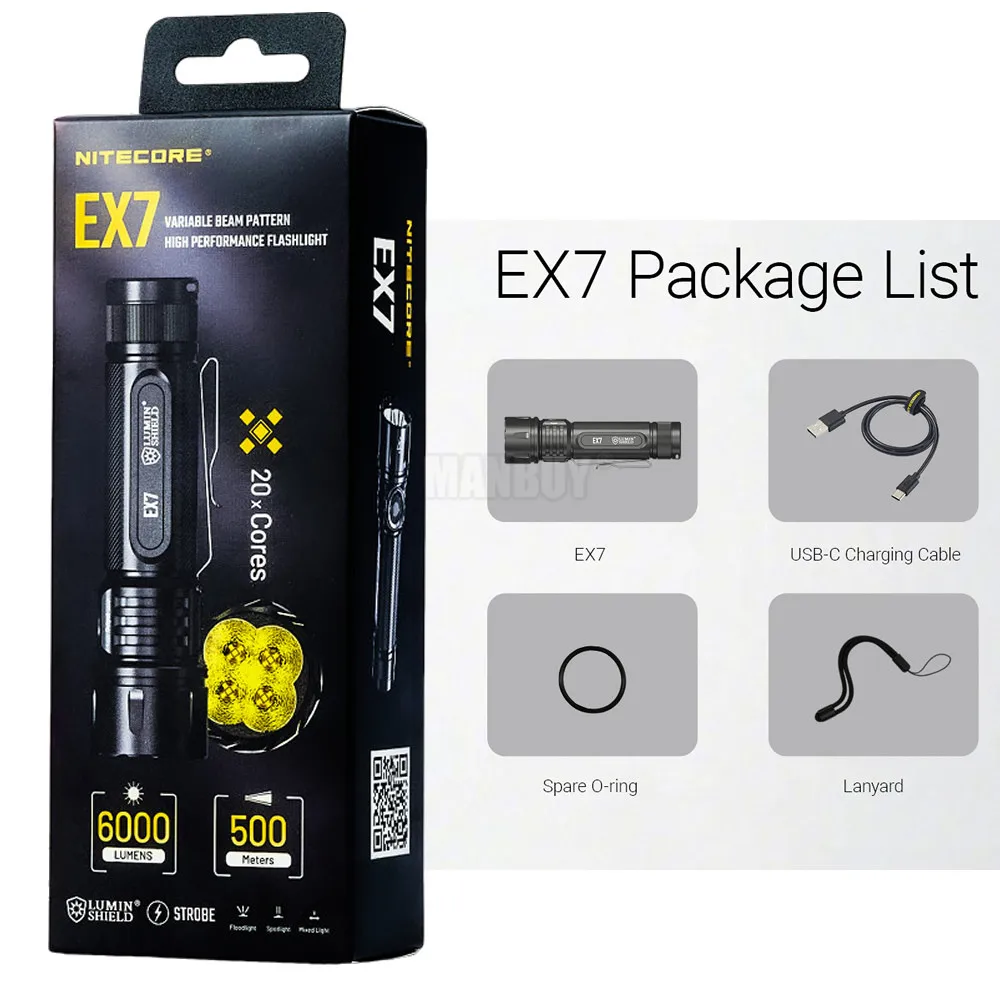 2026 NITECORE EX7 6000 Lumens Variable Beam Pattern High Performance USB-C Rechargeable Flashlight with / without 21700 Battery