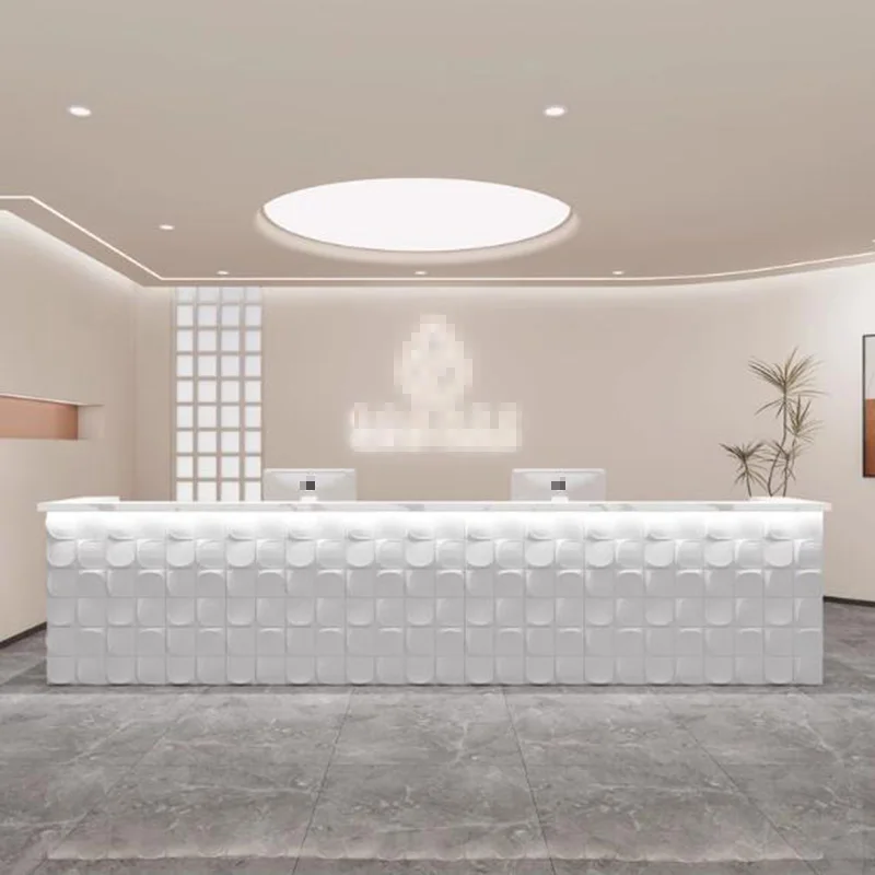 ترحيب مكاتب الاستقبال في الفندق تصميم الشركة مكاتب الاستقبال درج الزاوية أضواء LED الأثاث الأبيض Comptoy Accueil العصرية #1