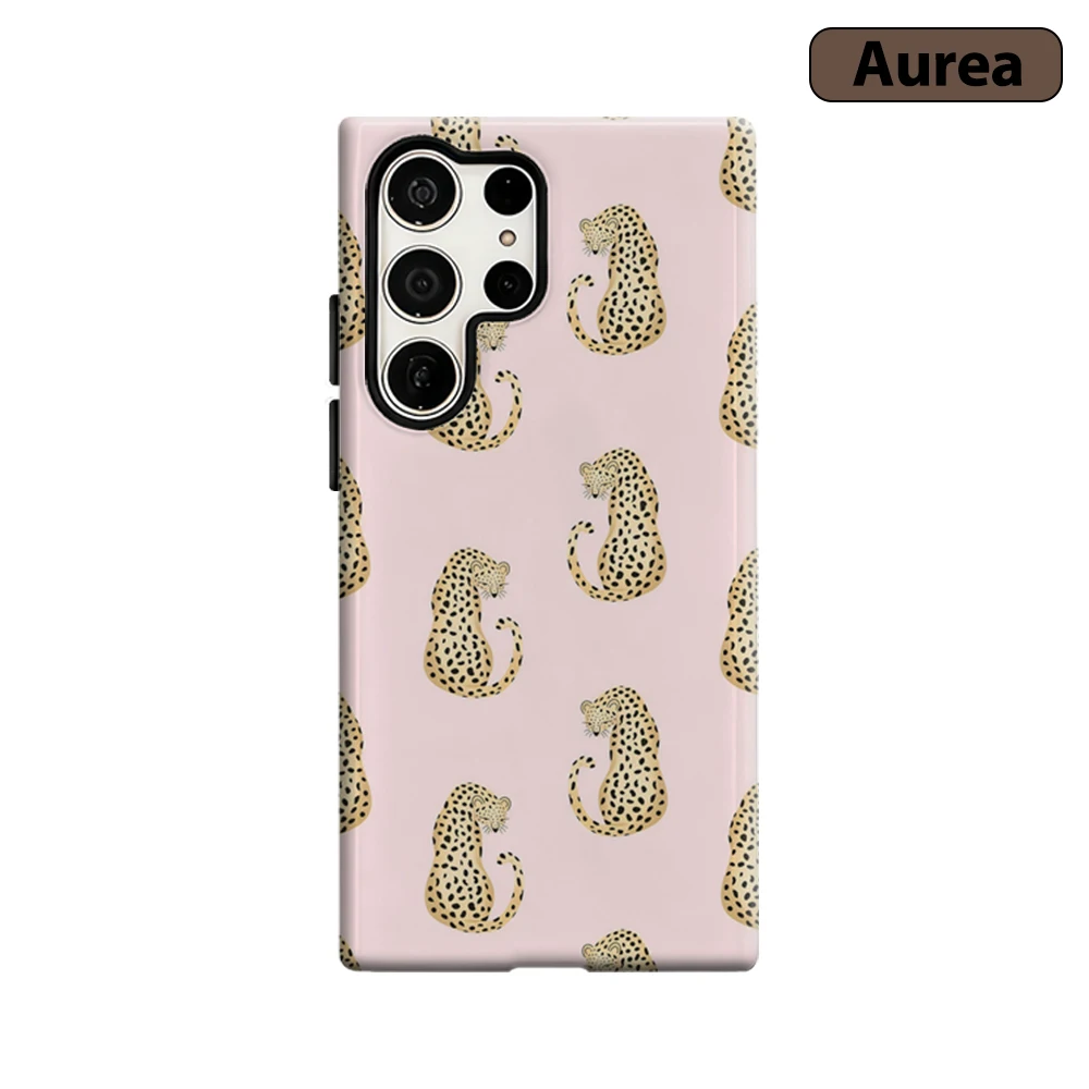 Hellrosa Leoparden-Silhouette Handyhülle für Samsung Galaxy S25 Ultra S24 S23 Ultra Plus Stoßfeste Doppelschicht Robuste Rückabdeckung
