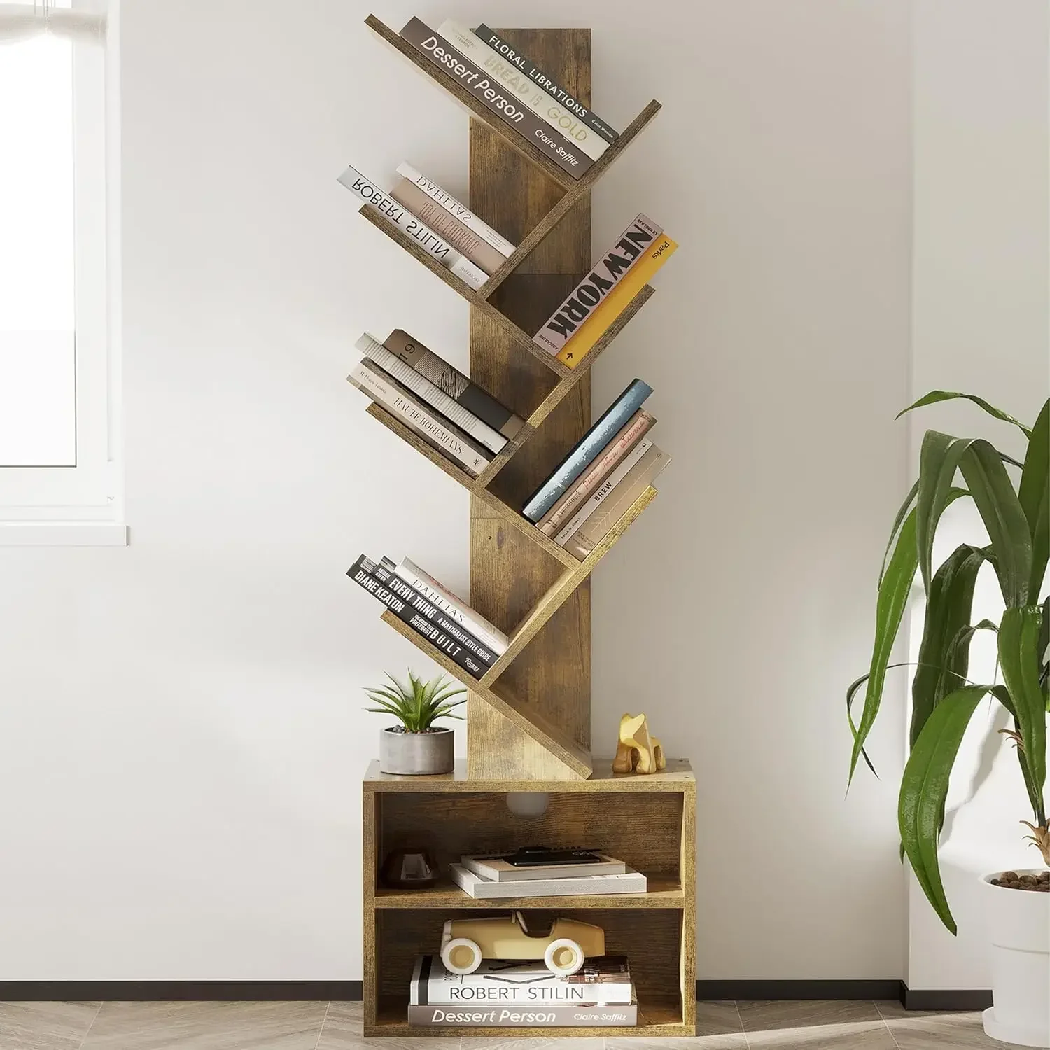 SUNMORY 6 Tier Tree Bookshelf, Small Bookcase with Storage Cabinet, Modern Tall Narrow Bookshelves Organizer, Floor Standing Bo