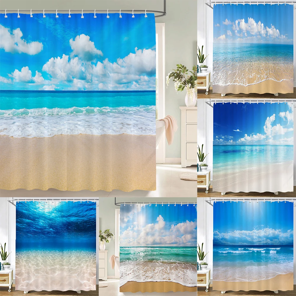 Shower Curtain Various Seaside Sunny Beach Scenery 3D Printing Shower Curtain Polyester Waterproof Home Decor Curtain 180x180cm