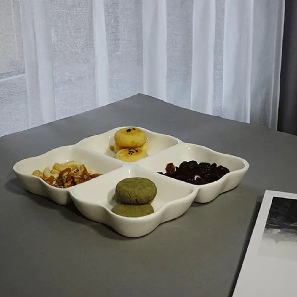 

4 Compartment Ceramic Snack Dish Modern Food Storage Plate for Breakfast Desserts Fruits Appetizers Serving Tray Home Kitchen