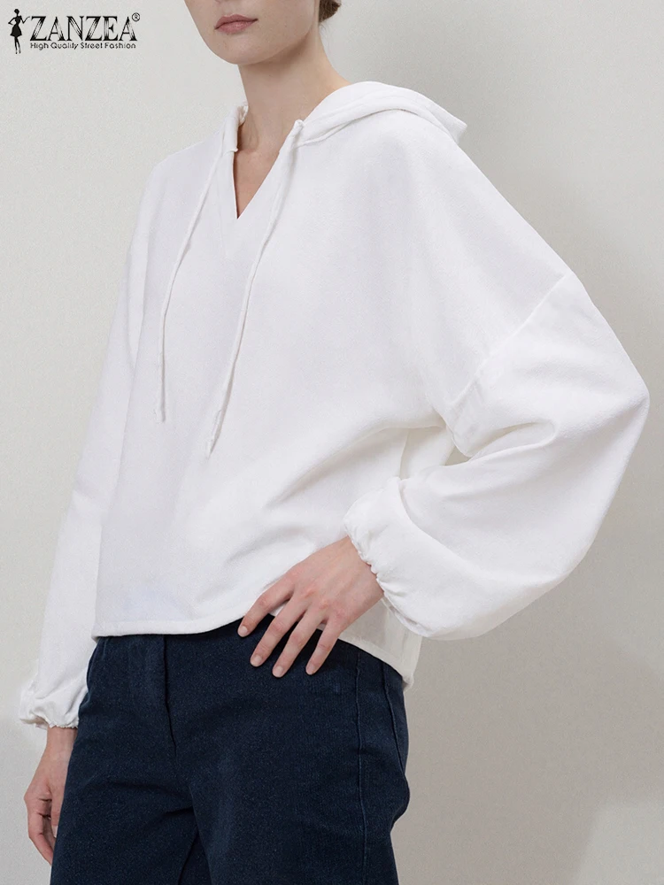 ZANZEA Autumn Women Hoodies Vintage Long Sleeve Tunic Hooded Collar Knitted Sweatshirt Casual Loose Drawstring Tops 2025