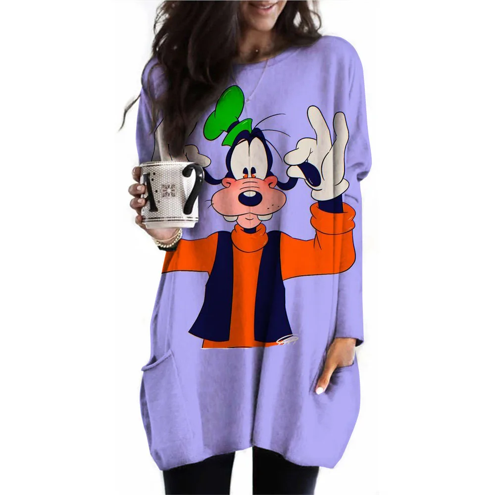 New Disney Goofy Women's T-shirt Casual Women's Pocket T-shirt Clothing Round Neck Pullover Oversized Sports Shirt Women's Autum