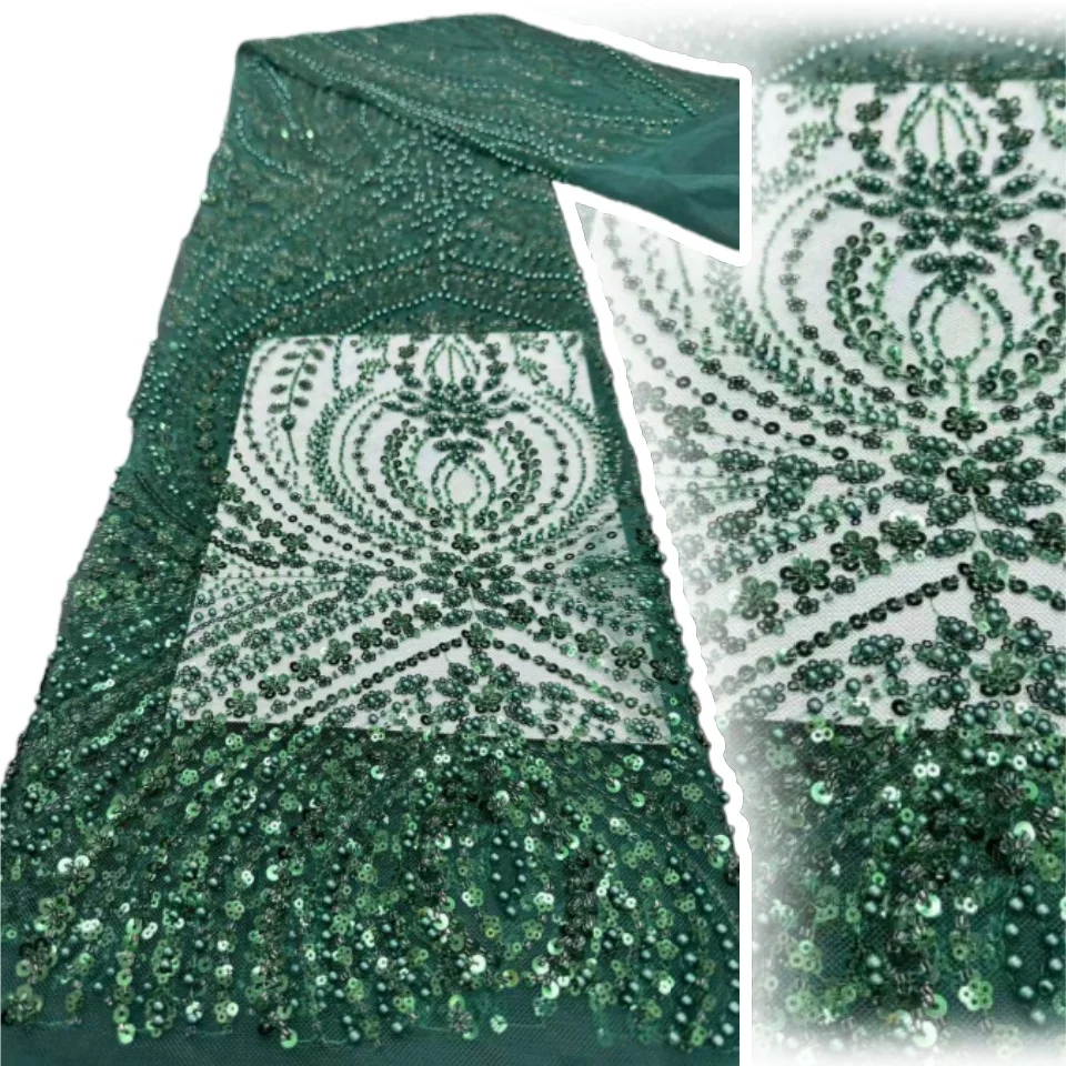 

Luxury Green Sequins Tube Beads Lace Fabric for Wedding 2026 New Design French African Tulle Mesh Lace for Evening Dress 1926
