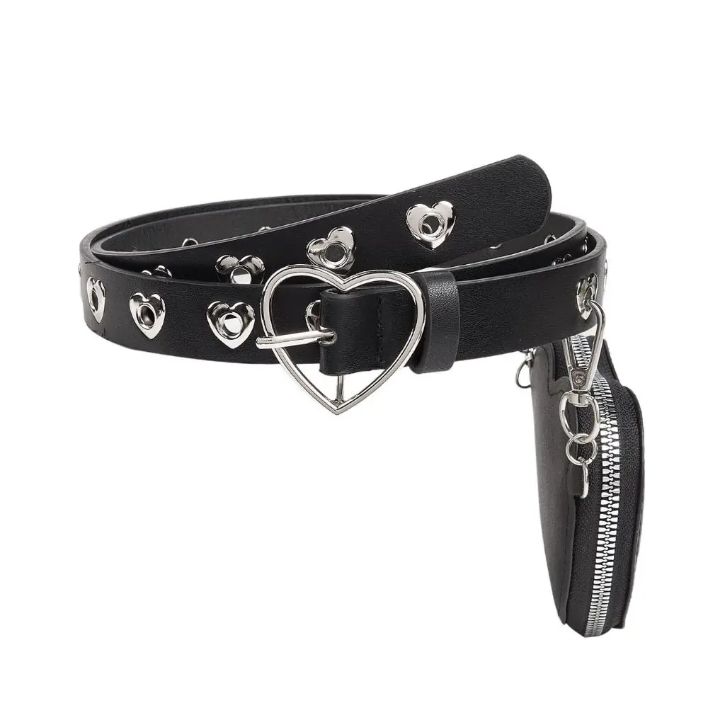 

Vintage Heart Metal Buckle PU Leather Waist Bag Adjustable Gothic Love Heart Fanny Packs Y2K Detachable Bag Belt with Bag Pose