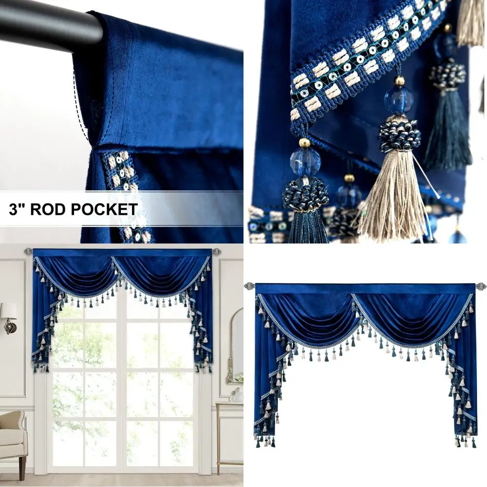 

Living Room Waterfall Valance, Blue Velvet Curtain, 59 Wide, 1 Panel for Windows
