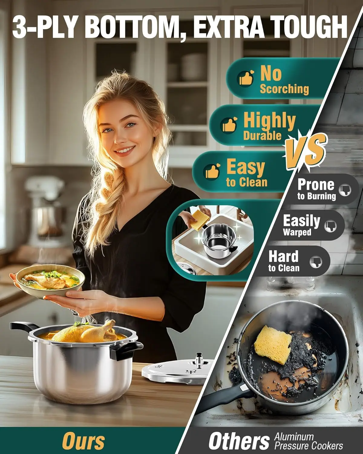 WantJoin طنجرة ضغط من الفولاذ المقاوم للصدأ سعة 6.5-14 لتر، مجهزة بأجهزة حماية صمام الزنبرك، متوافقة مع الغاز والحث