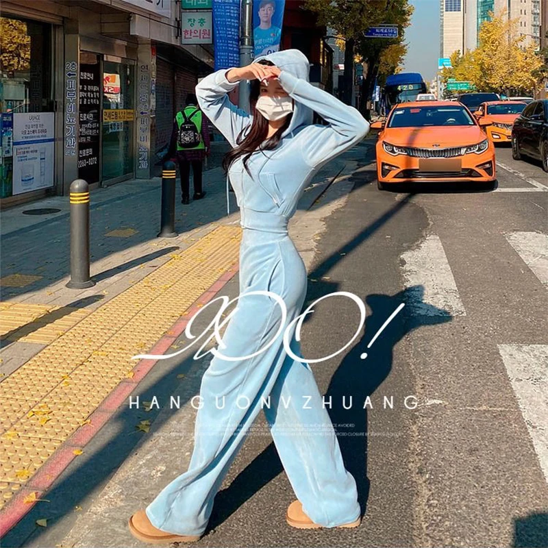 Pleuche Casual Slim Tracksuit Korea Hooded Sweatshirt Jackets Coats Tops Elastic High Waist Baggy Wide Leg Pants Two Piece Sets