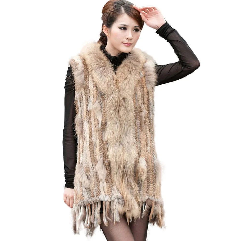 

Women Genuine Natural Real rabbit fur Knitted Vests/Waistcoat/gilet coats with tassels Raccoon Dog Fur collar Long style