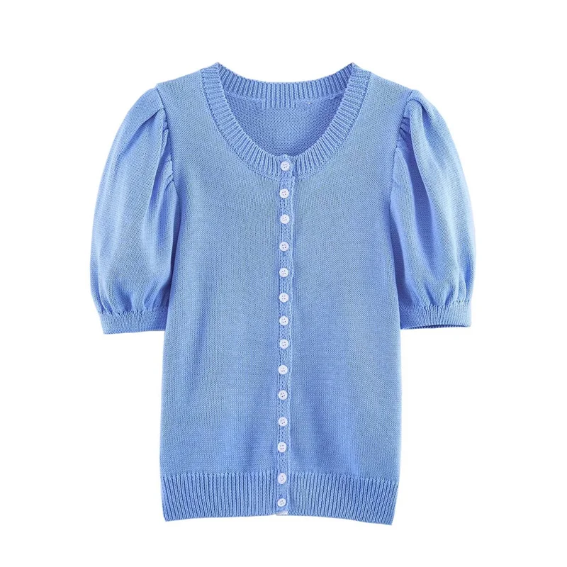 

Летний женский вязаный кардиган с рукавами-фонариками, круглым вырезом и коротким рукавом, модный свитер-топ, повседневная женская одежда