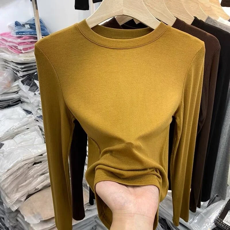 ファイオナブル ロング スリーブ リブ編み Tシャツ レディース ラウンドネック マスクトップ 韓国風 スタイリッシュ 通勤 折り畳み スリムフィット デイリーウェア