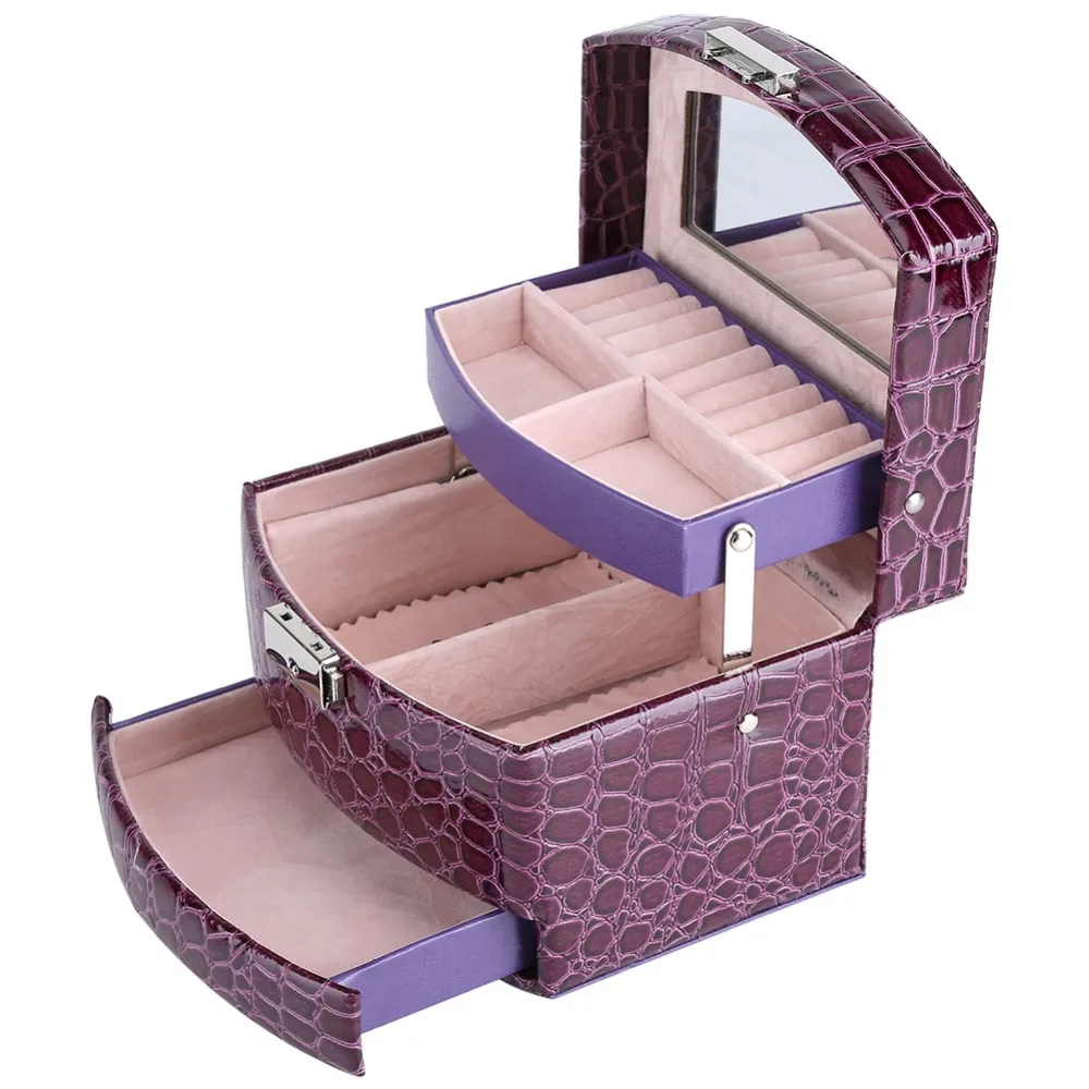 Durable PU Leather Jewelry Box Purple Three-layer Jewellery Organizer Portable Jewelry Case Cosmetic Storage