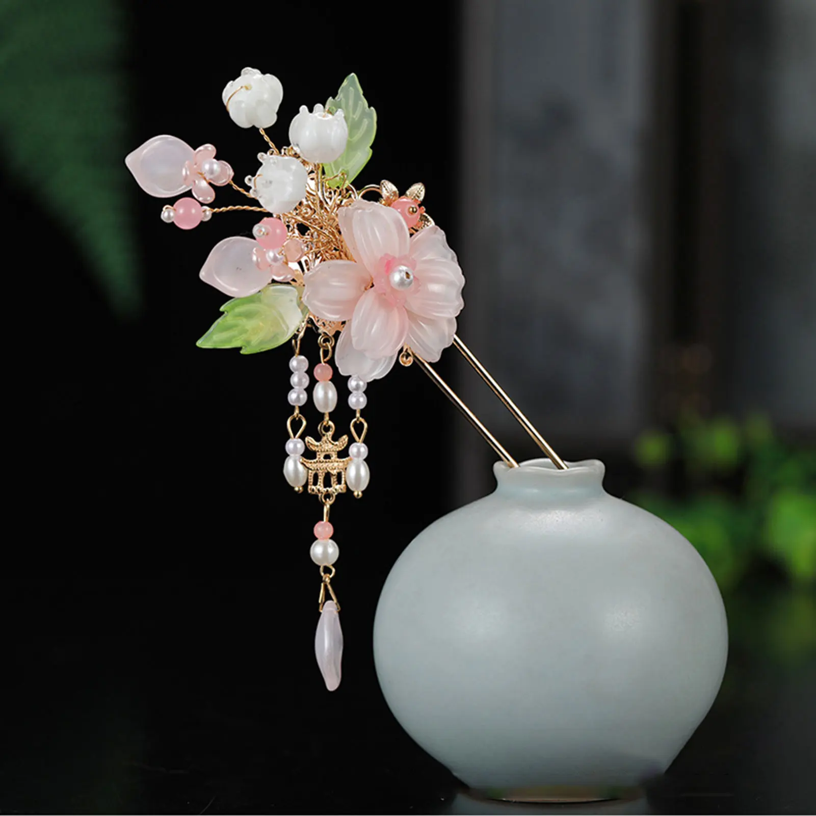 Elegante rosa Blume Haarnadeln Retro chinesischen Stil U-förmige Haarstäbchen Gabeln Perlen Anhänger Haarspangen Frauen Hochsteckfrisur Haarschmuck – Detail 3