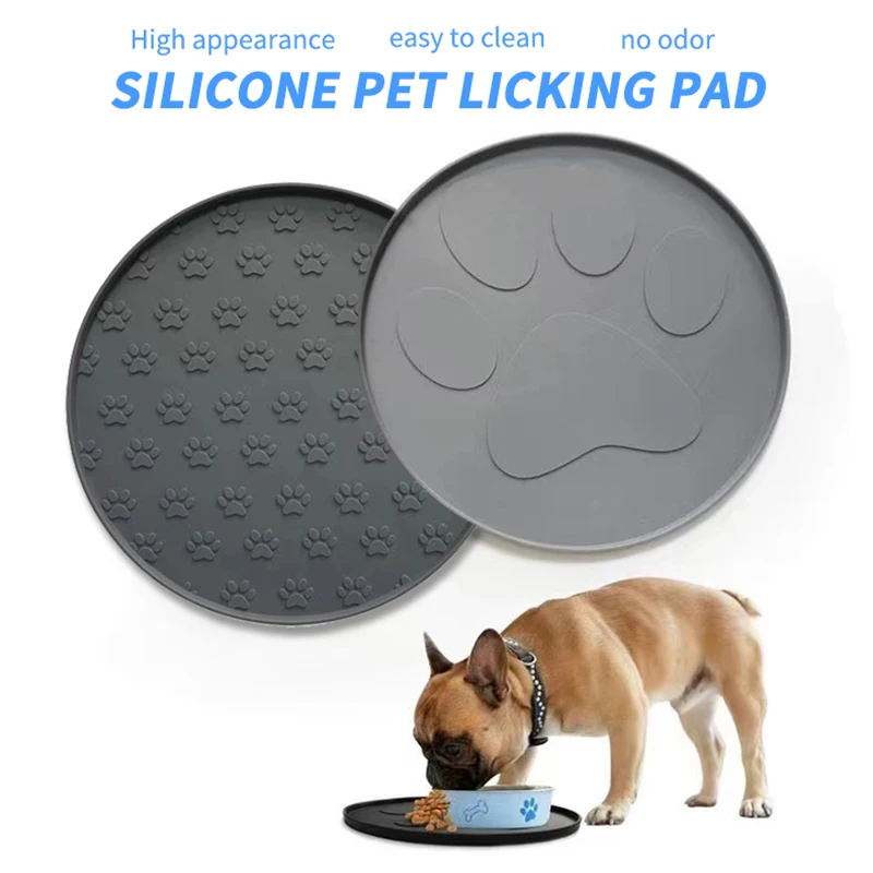 Coffee/pink/gray/black silicone pet meal pad, dog leak-proof feeding pad, round footprint pattern, cat feeding slow licking pad