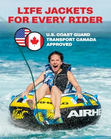 Woman riding an Airhead towable tube in choppy water wearing a life jacket;