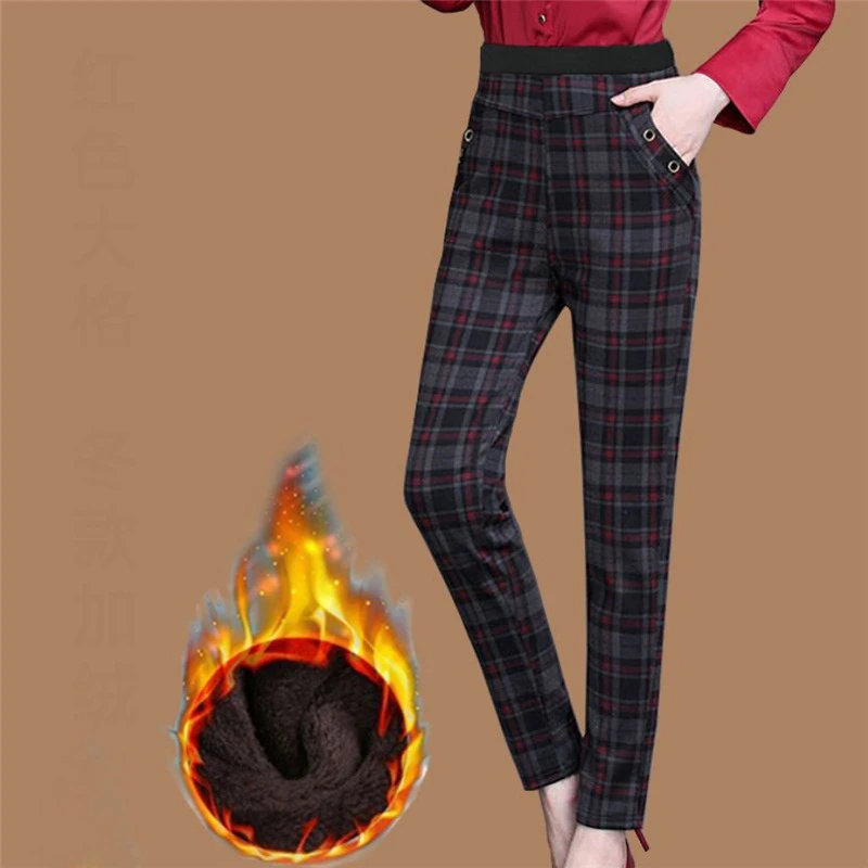 2022 Autumn Winter Plush Thick Warm Elegant High Waist Office Ladies Trousers Women Plaid Print Slim Pants Pantalones Mujer 4XL