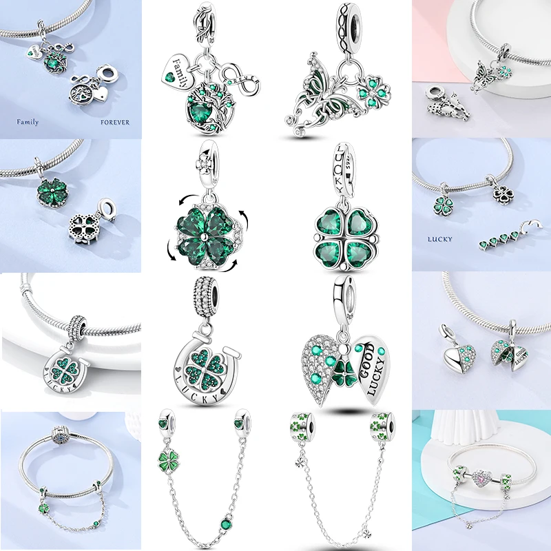 

New 925 Sterling Silver Green Series Charm Beads Four-leaf Clover Pendant Fit 3mm Woman Bracelet Necklace DIY Jewelry Making