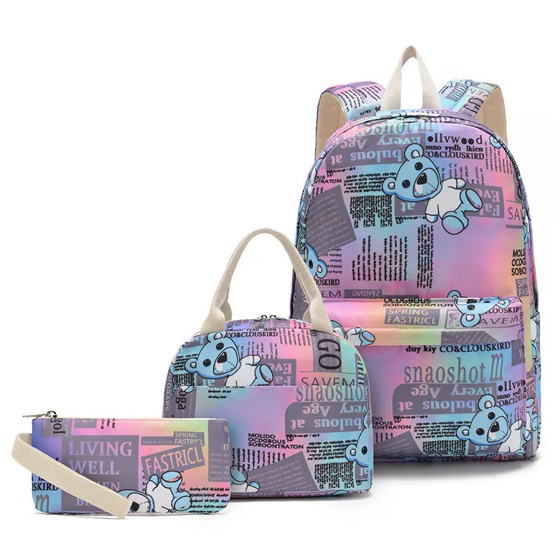 

Cute Bear Pattern Backpack Set With Pencil Case & Lunch Pouch Twill 3 In 1 Primary School Packs