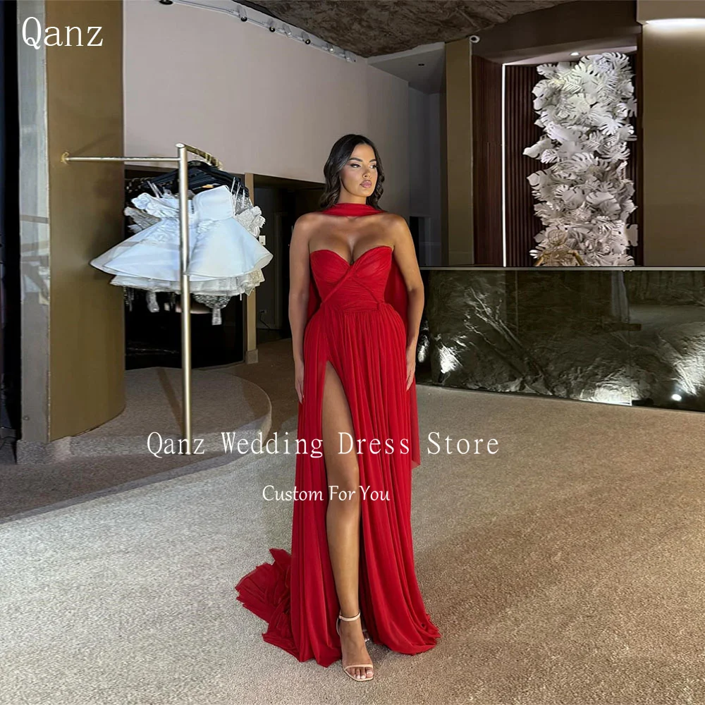 

Qanz Red Chiffon Prom Dress High Slit Formal Evening Dresses Sweetheart Ribbons Elegant Dress Luxury Wedding Guest Customized