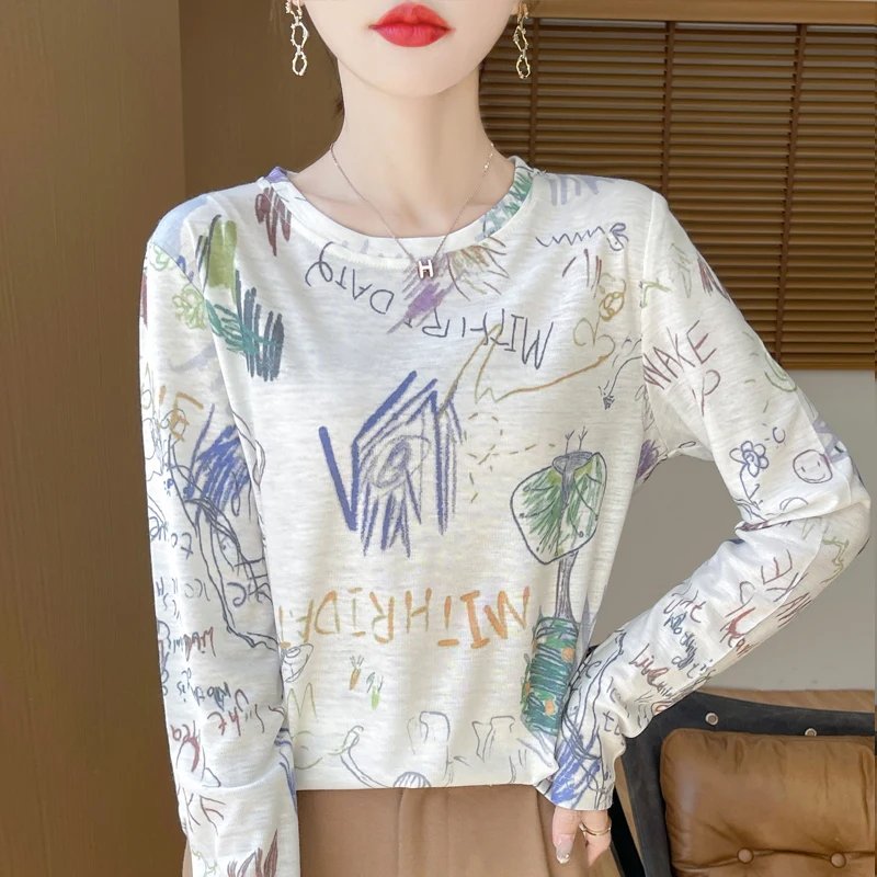 

Spring And Summer New Fashion T-shirt Lyocell Bottoming Shirt Women Water-Soluble Printing Long-Sleeved Round Neck Sweater