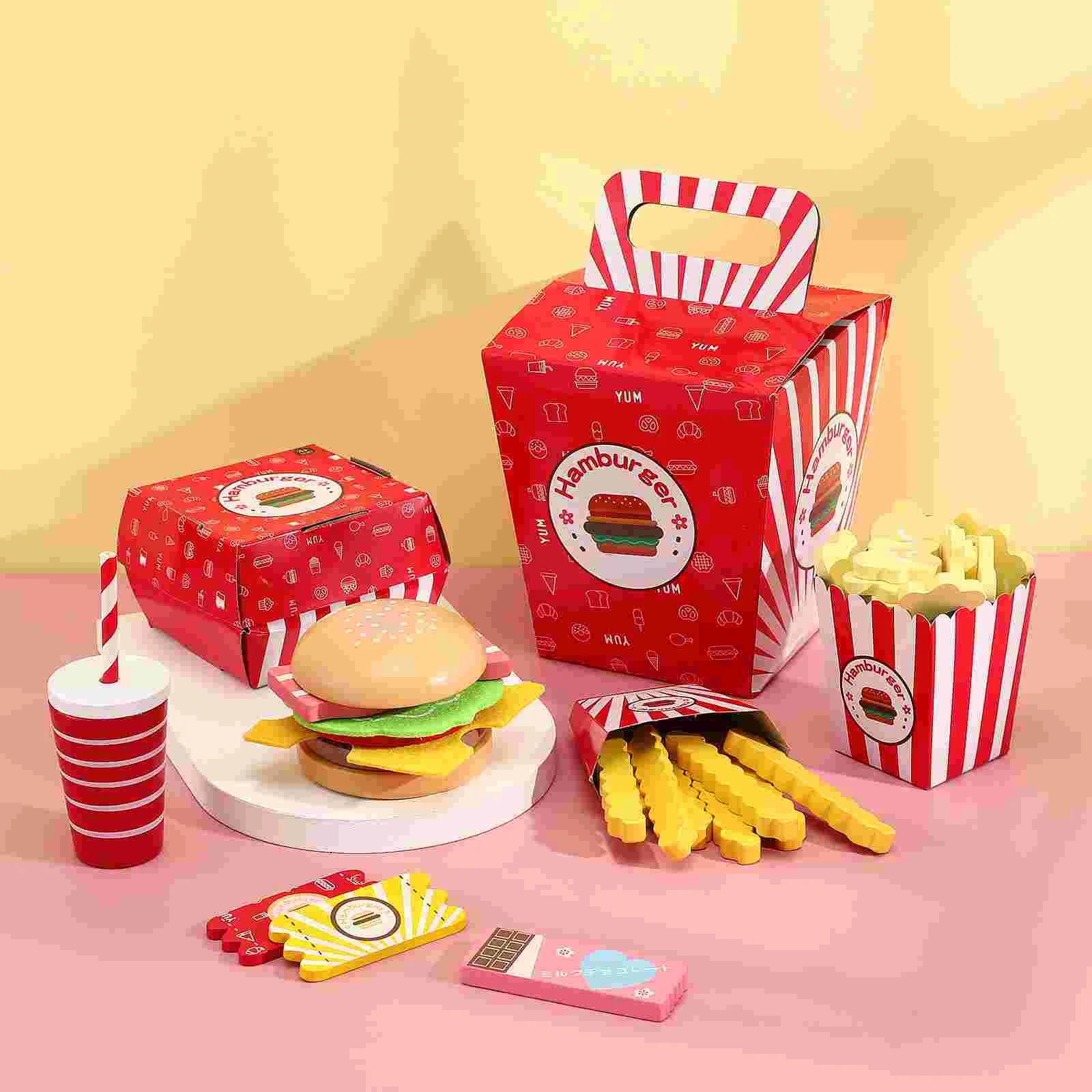 Hamburger French Fries Combo Simulation Toys Children’s Role Food Playset Restaurant Playsets Wooden Fake Toddler