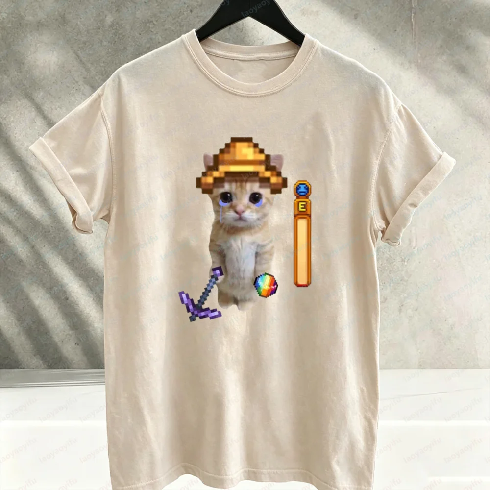 Crying Cat Stardew Miner Meme Graphic T‑Shirt Cute Kitten Pixel Mining Game Energy Bar Print Cotton Casual Loose Streetwear Tees