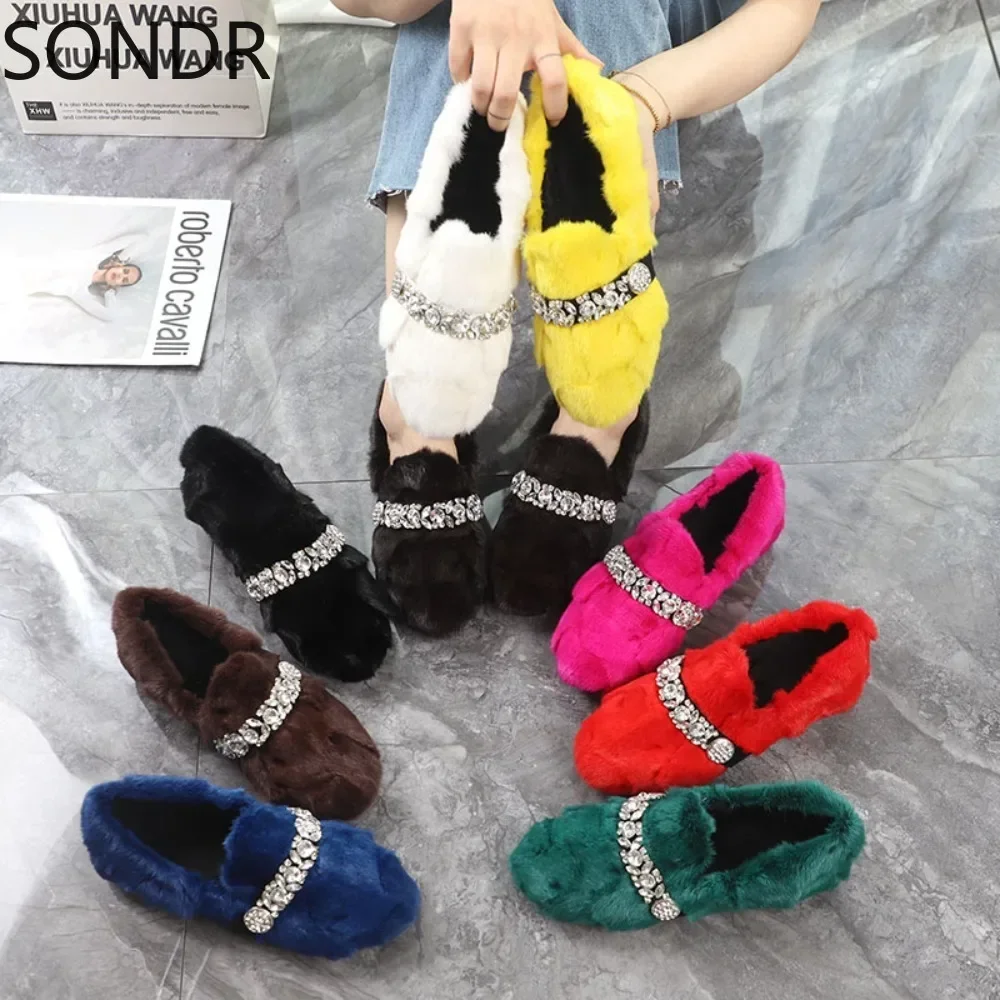 Womens Real Mink Fur Loafers Rhinestones Crystal Furry Rainbow Colors Flats Shoes Round Toe Flats 8Colors  New 2024