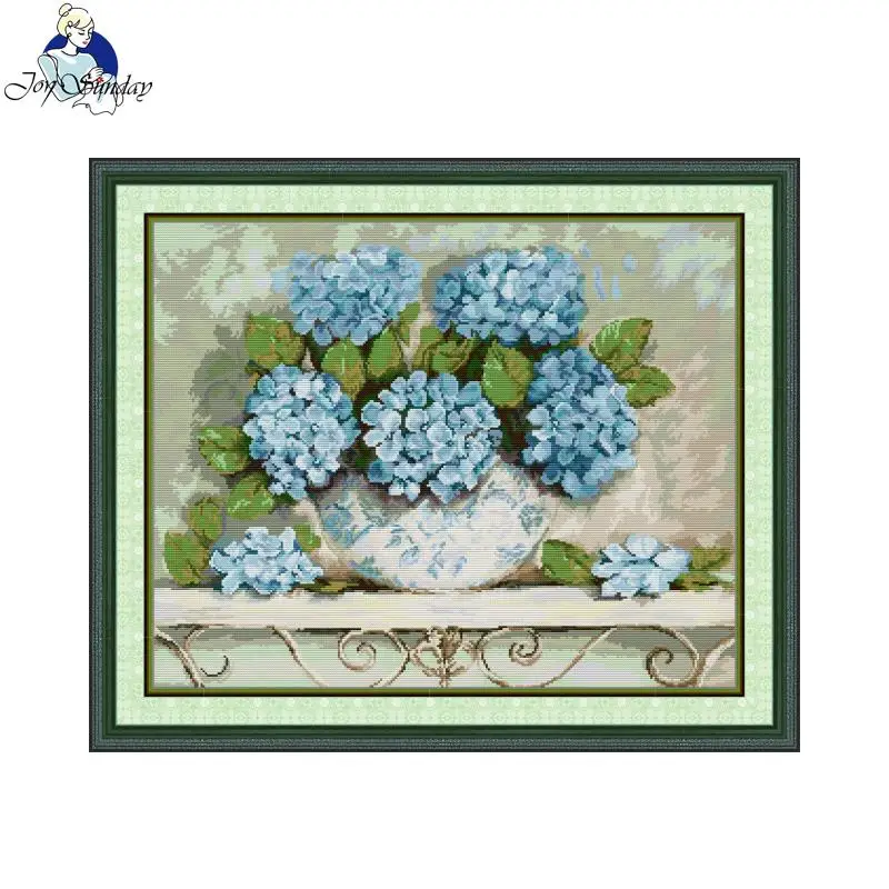 

Joy Sunday Cross Stitch Kits Blue Hydrangea Pattern Printed Counted Aida Fabric 16/14/11CT Art Craft DIY Needle Embroidery Kit