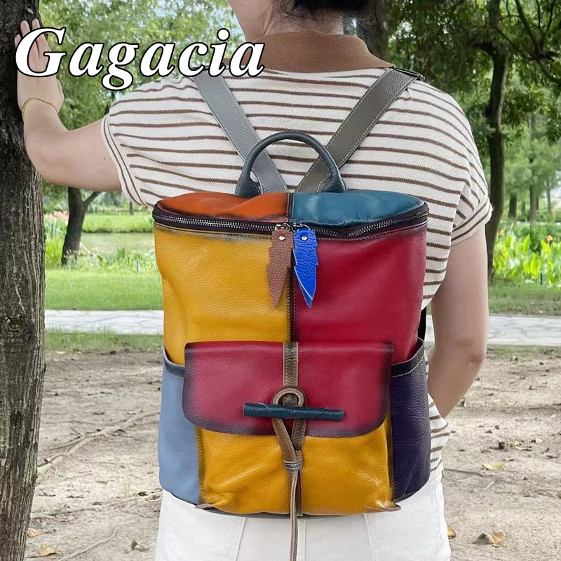 

GAGACIA New Casual Genuine Leather Backpack For Women's Large Capacity Patchwork Handbag Cowhide Multicolor Messenger Travel Bag