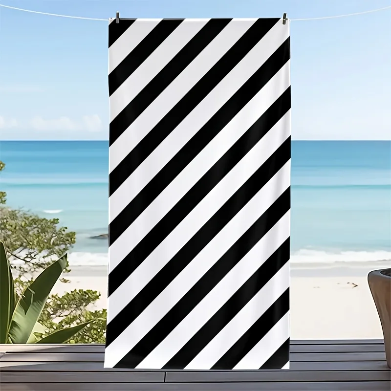 Black White Diagonal Stripe Beach Towel, Oversized Soft Microfiber Bath Towel, Quick Dry Summer Beach Blanket 1pcs