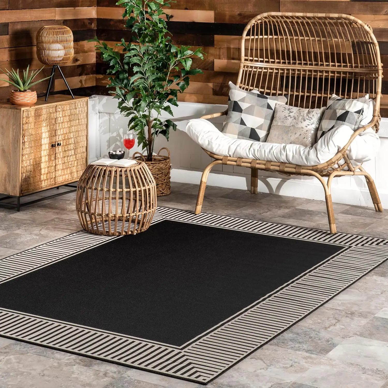 Black/Ivory, 5' x 8', Casual, Striped Border, Soft and Cozy, High Traffic, Stain Resistant, Easy Clean, Durable Area Rug for Indoor/Outdoor Patio, Deck, Porch, Garden, Courtyard