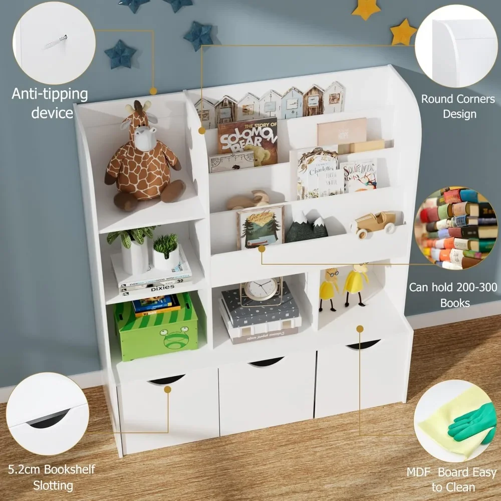 어린이 책장 및 책장, 다기능 책장, 5 개의 보관 큐비 및 3 개의 이동식 서랍, 책장 디스플레이 스탠드, 47 인치