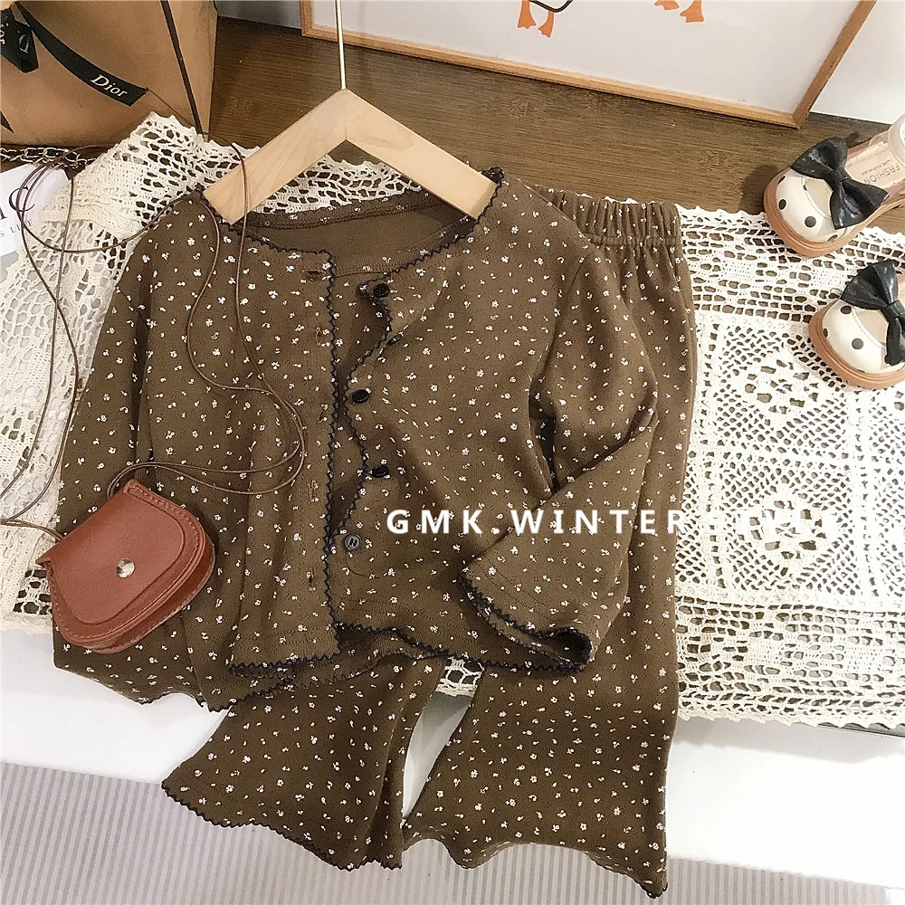 

New Autumn Set for Girls, Coffee Floral Cardigan, Camisole, Flared Pants, All Printed Three Piece Set