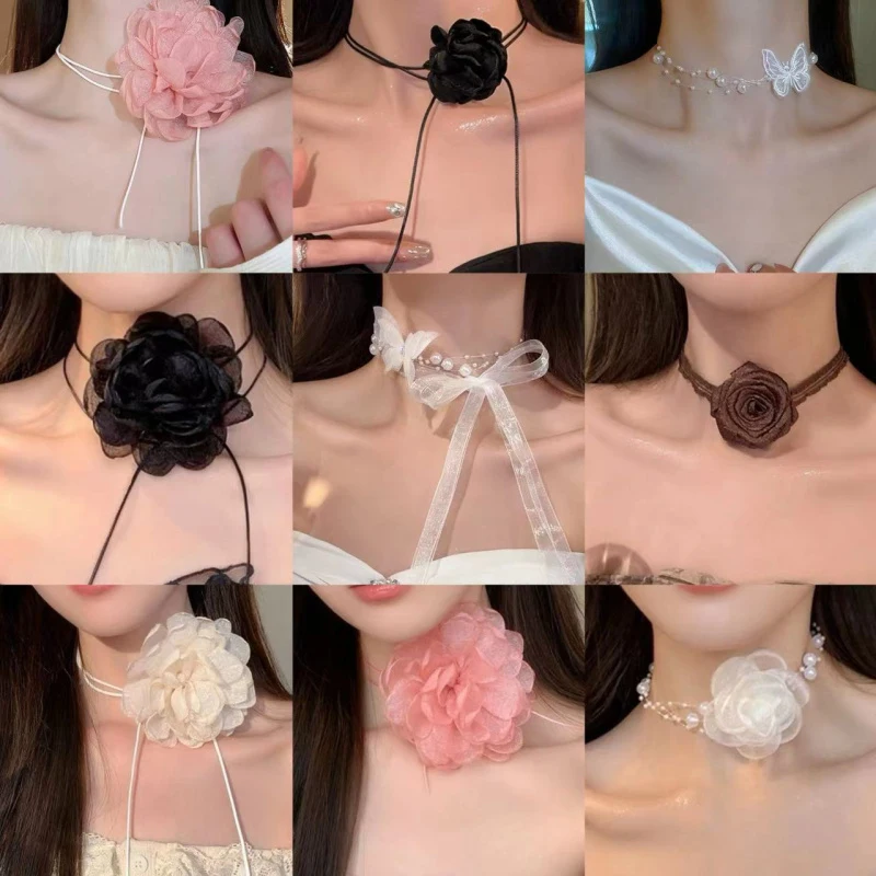 Einfache französische romantische Rosenblüten-Spitzenkragen-Halskette für Damen, temperamentvolle, sexy schwarze Leder-Wachsfaden-Schlüsselbeinkette