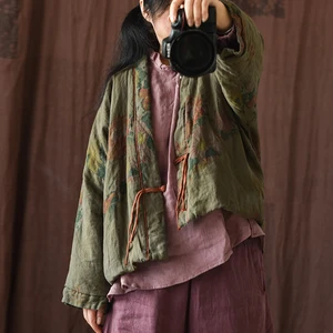 Johnature-Floral Stempel gepolsterte Jacke für Frauen, Vintage-Leinenmäntel, chinesischer Stil, Langarm, Knopf, Gürtel, neu, Herbst, 2024 10 Hauptverkaufsmantel über alle Blumen - №6