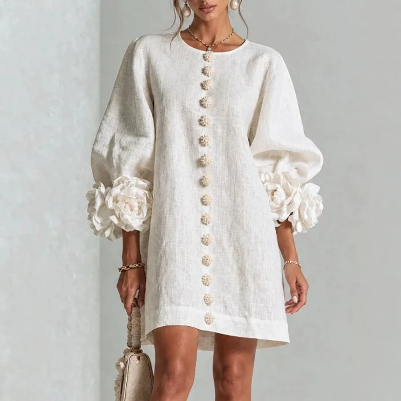 Elegant Solid Dresses Women Round Neck Lantern Sleeve 3D Flower Cuff Decorative Button Loose Short Dress Casual Streetwear Dress