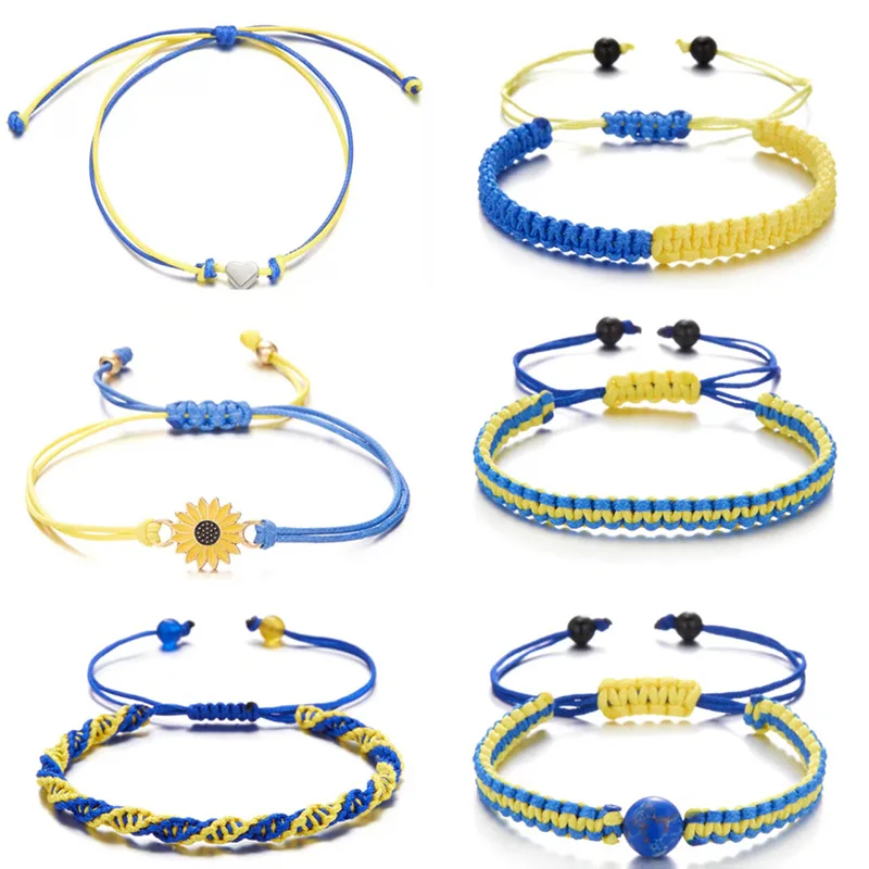 Unique Ukraine Flag Color Bracelet Men Women Handmade Braided Adjustable Heart Sunflower Ethnic Braclet Leisure Couple Jewelry