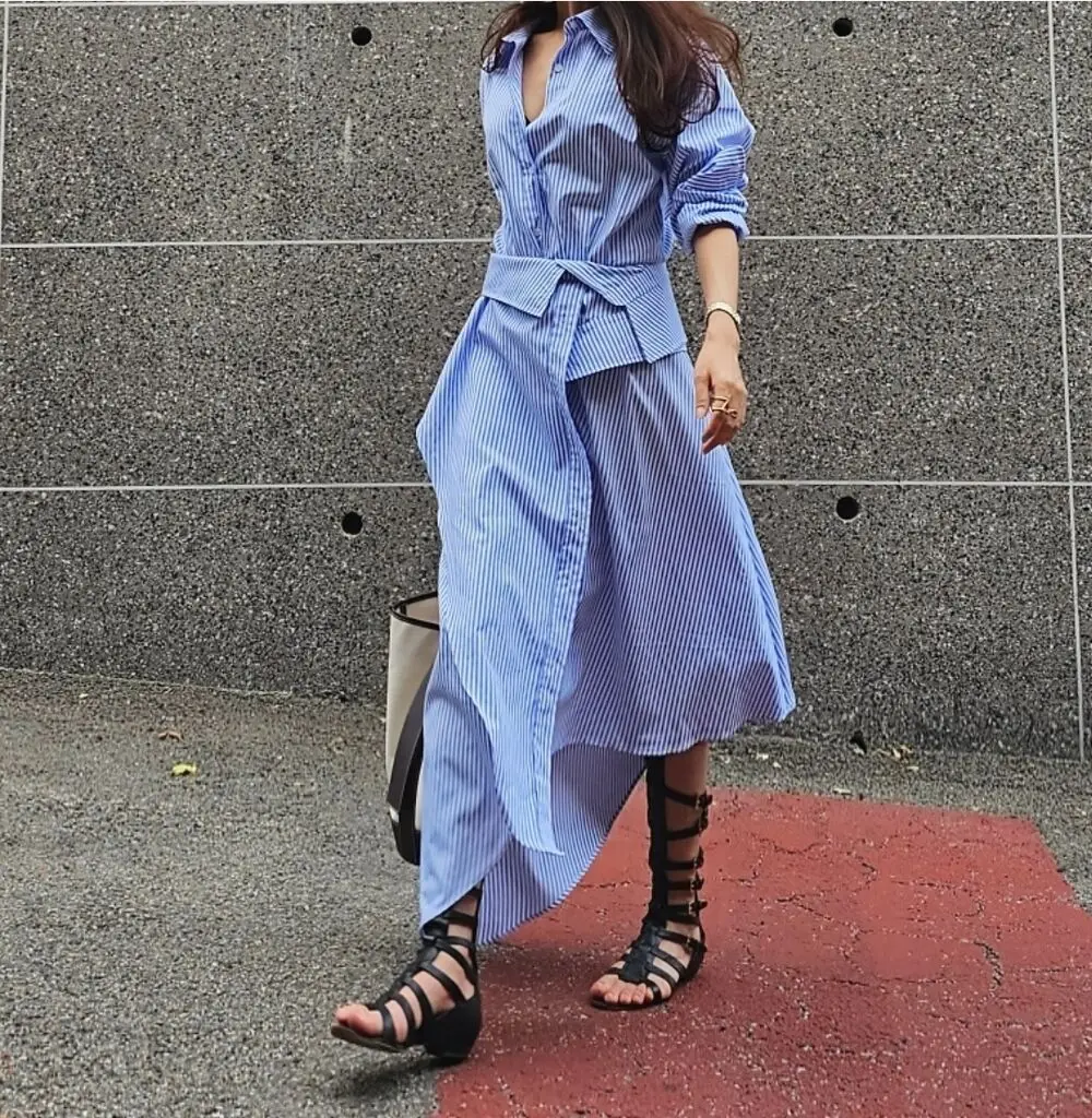 French Designer Autumn Blue Striped Shirt Dress New Fashion Chic Women Single Breasted Pockets Irregular Overlap Long Clothes