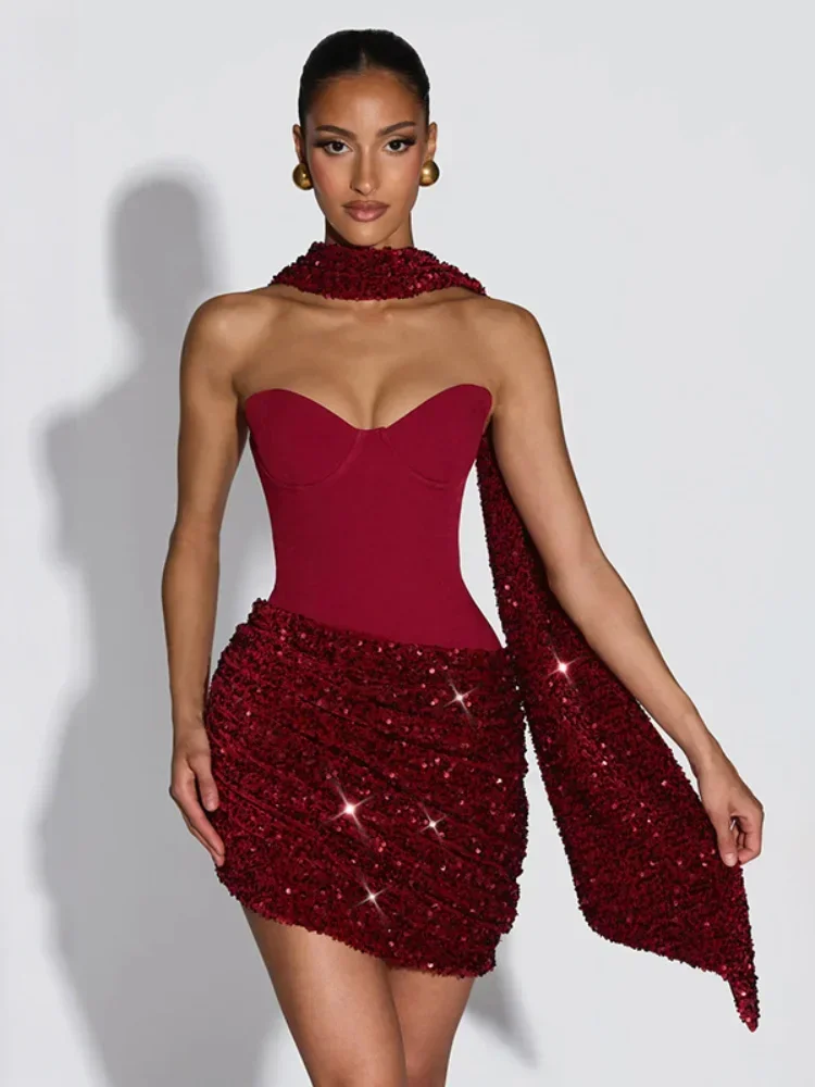 

Sexy Pleated Bodycon Dress Women Sequin Backless Slim Spaghetti Strap Mini Summer Dresses 2026 Evening Nightclub Party Gowns