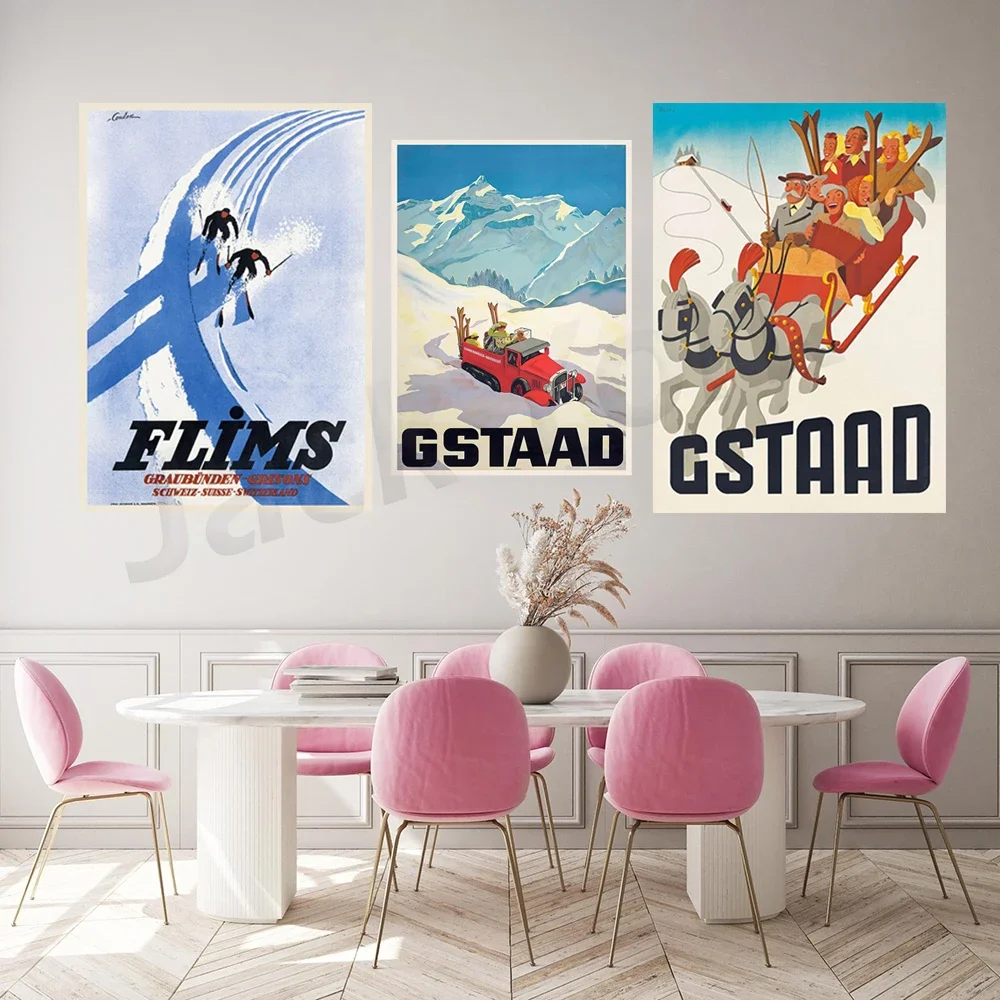 

Zermatt, Flims,Gstaadt, Crans-Montana, Pontresina, Engadin, Pontresina, Gstaad, Switzerland Vintage Travel Poster