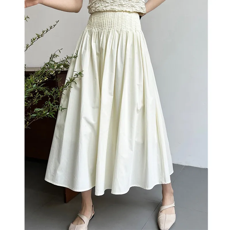 Long Skirt Korean Fashion Elegant Ladies Elastic High Waist A-Line Midi Pleated Skirt White Black Pink Gonna