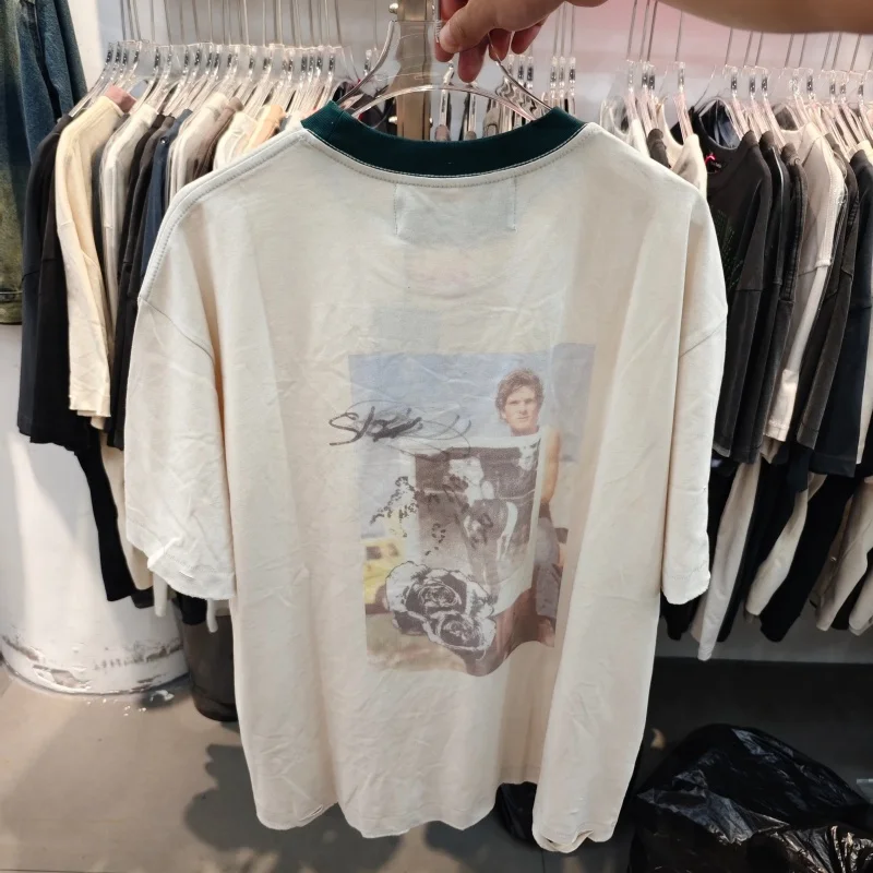 Vintage Cream Washed Distressed Men T-Shirt Ringer Neck Retro Western Print Tee