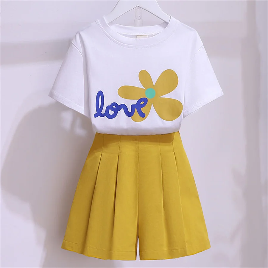 7 8 9 10 11 12 13 14 Years Old Big Girl Baby Clothes Sets Summer Short Sleeve Tee Tops+Skirt 2pcs Outfits Clothing Suits