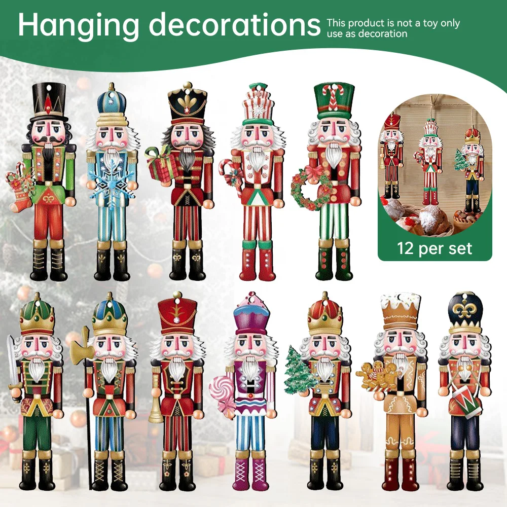 12Pcs/Set Christmas Nutcracker Soldier Puppet Wooden Handicraft Christmas Tree Pendant Desktop Ornament New Year Home Decoration