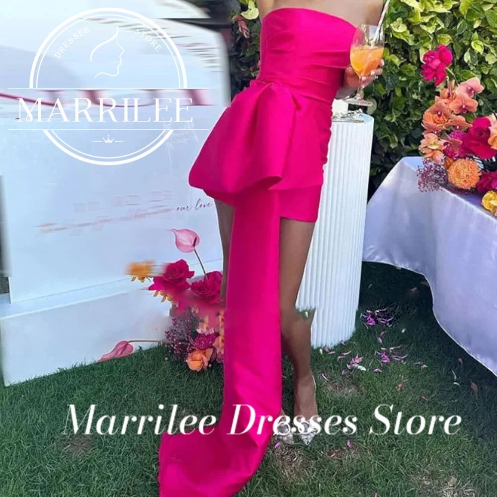 Marrilee Customized Satin Strapless Evening Gown Large Bow Hot Pink Sleeveless Above Knee Length Sexy Wedding Party Prom Dresses