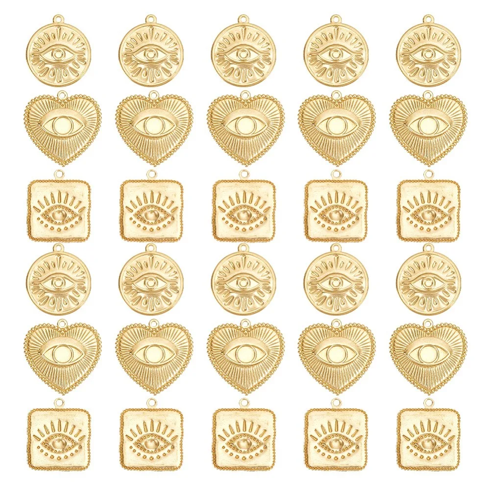 

1box 30pcs 3 style Brass Pendants Flat Round Heart Square with Eye