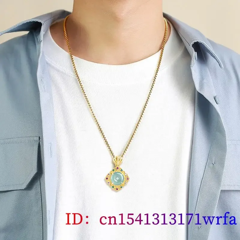 Blue Jadeite Donut Pendant Necklace Man Vintage Real Jewelry Gift Talismans Natural Burmese Jade 18K Gold Plated Fashion